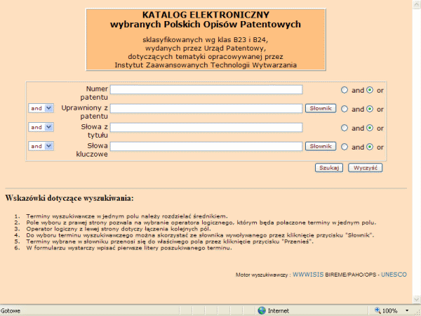 Rys. 5. Strona wyszukiwawcza Katalogu Elektronicznego Wybranych Polskich Opisów Patentowych