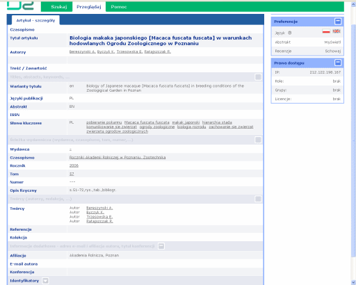 Rys. 12. Ostateczny rezultat wyszukiwawczy – pełen opis bibliograficzny artykułu ze słowami kluczowymi zlinkowany do słownika słów kluczowych, autorów, czasopisma