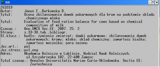 Rys. 2. Opis wyszukanego artykułu z charakterystyką treści (słowa kluczowe) w systemie CDS/ISIS dla DOS