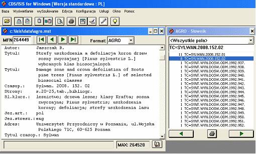 Rys. 3. Opis wyszukanego artykułu według klucza wyszukiwawczego – skrótu tytułu czasopisma wyszukanego w słowniku. Wersja CDS/ISIS dla Windows