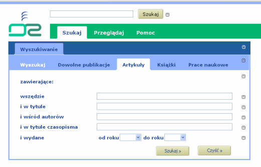 Rys. 8. Wyszukiwanie artykułów według pól z możliwością zawężenia