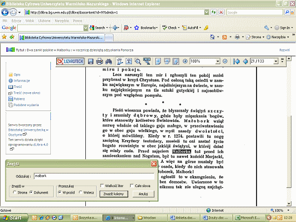Rys. 4. Zrzut z ekranu BC Uniwersytetu Warmińsko-Mazurskiego ilustrujący przeszukiwanie w tekście dokumentu w formacie DjVu