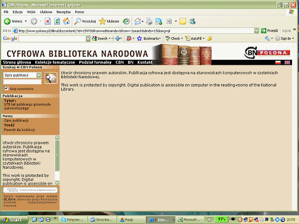 Rys. 3. Zrzut z ekranu POLONY z informacją o sposobie dostępu do publikacji chronionych przy próbie nieuprawnionego otwarcia